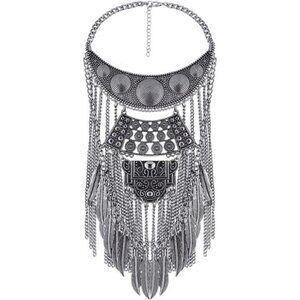 Long Tassel Chunky Boho Coin Statement Necklace For Women Silver